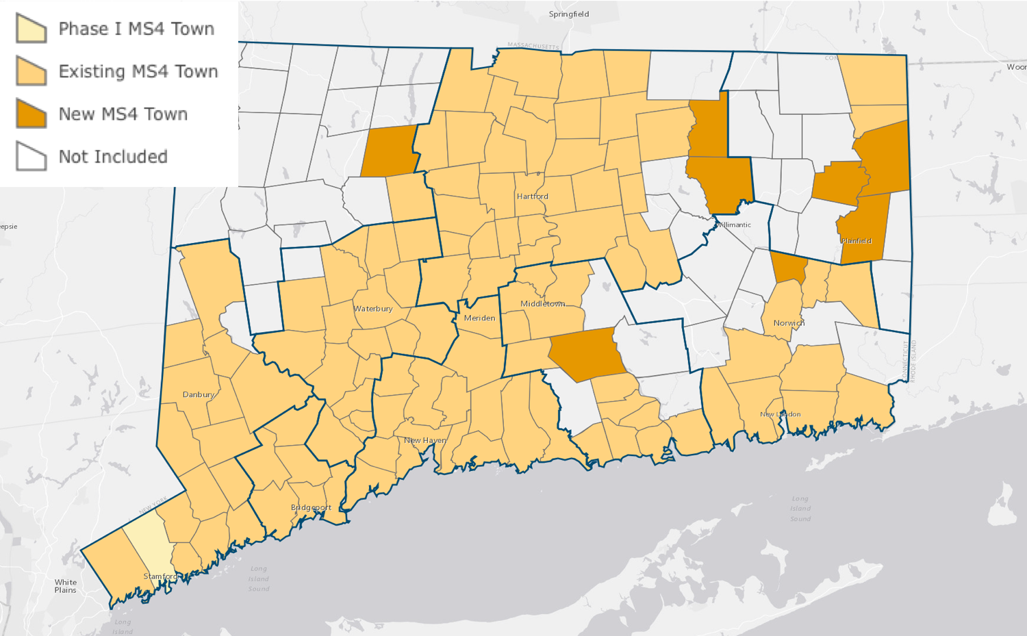 Map of MS4 regulated communities in CT